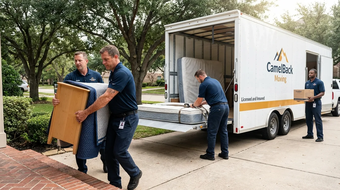 Crew loading residential truck for cross-state move from Towner, ND