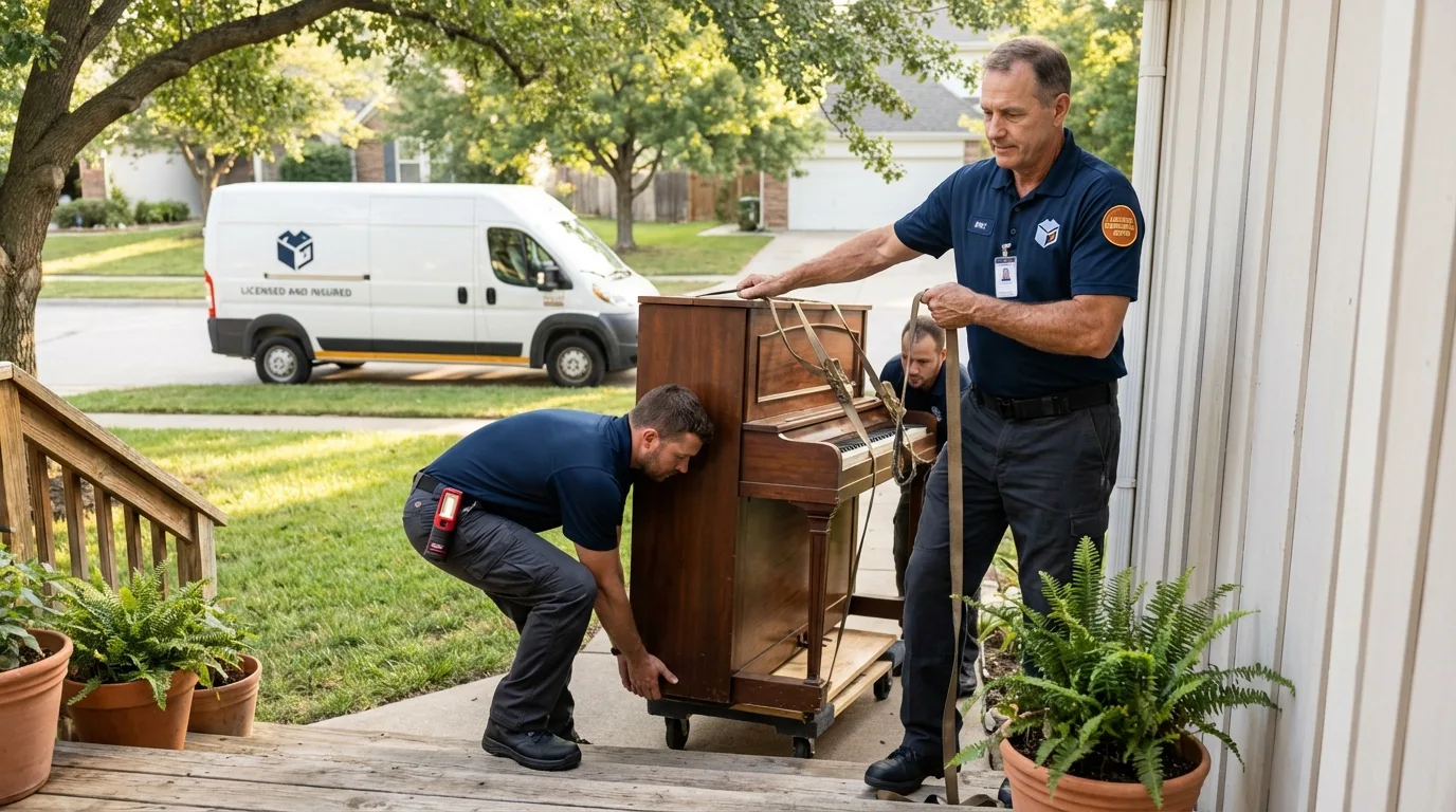 Licensed piano movers securing grand piano in Towner, ND