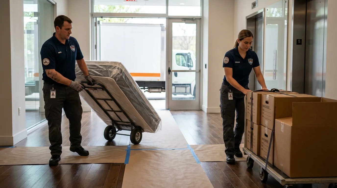 Professional apartment movers loading elevator in Towner, ND
